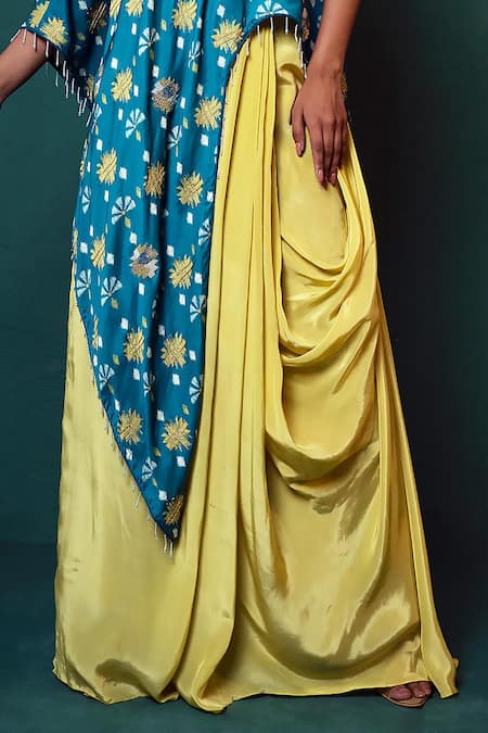 Suave_Blue Silk, Crepe Beads One Shoulder Tunic With Draped Skirt _at_Aza_Fashions