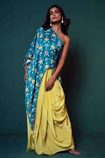 Buy_Suave_Blue Silk, Crepe Beads One Shoulder Tunic With Draped Skirt 