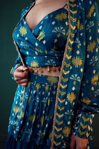 Shop_Suave_Blue Denim Embroidery, Beads Sweetheart Aasmani Embellished Jacket Lehenga Set_Online_at_Aza_Fashions