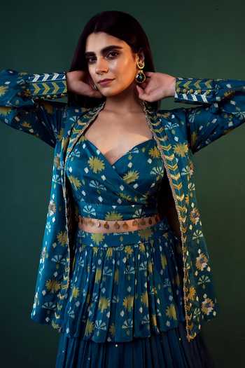 Suave_Blue Denim Embroidery, Beads Sweetheart Aasmani Embellished Jacket Lehenga Set_at_Aza_Fashions