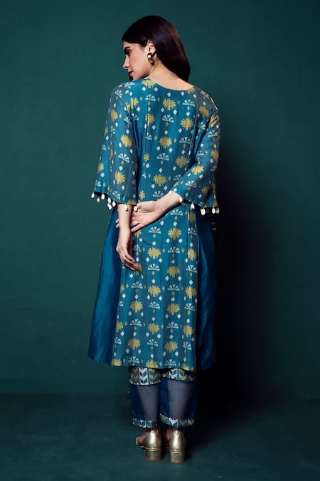 Shop_Suave_Blue Chanderi, Organza Sequins, Beads, Embroidery Aasmani Shelled Kurta Pant Set _at_Aza_Fashions