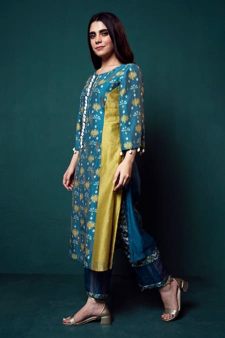 Suave_Blue Chanderi, Organza Sequins, Beads, Embroidery Aasmani Shelled Kurta Pant Set _Online_at_Aza_Fashions