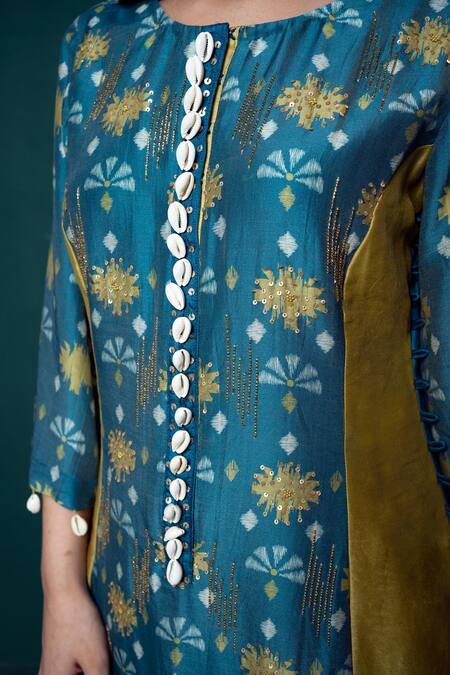 Buy_Suave_Blue Chanderi, Organza Sequins, Beads, Embroidery Aasmani Shelled Kurta Pant Set _Online_at_Aza_Fashions