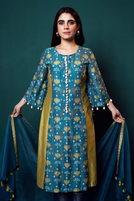 Suave_Blue Chanderi, Organza Sequins, Beads, Embroidery Aasmani Shelled Kurta Pant Set _at_Aza_Fashions