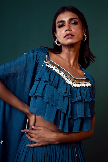 Suave_Blue Chiffon Beads, Embroidery Sweetheart Aasmani Embellished Lehenga Cape Set _at_Aza_Fashions