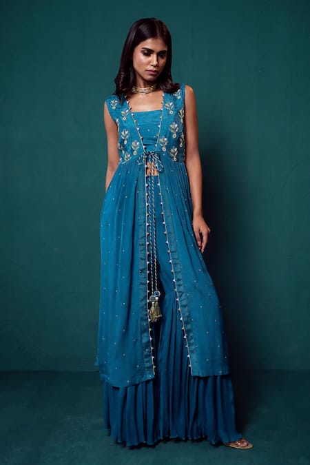 Suave Blue Chiffon Embroidery Beads Jacket Open Floral Sharara Set 