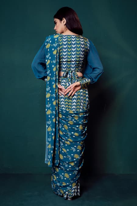 Suave Floral Pattern Pre-Draped Saree With Wrap Top 