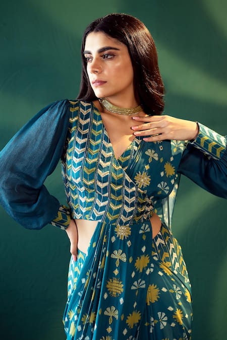 Suave_Blue Denim Beads, Cut Work V-neck Floral Pattern Pre-draped Saree With Wrap Top _Online_at_Aza_Fashions