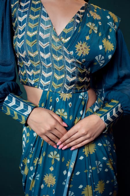 Suave_Blue Denim Beads, Cut Work V-neck Floral Pattern Pre-draped Saree With Wrap Top _at_Aza_Fashions