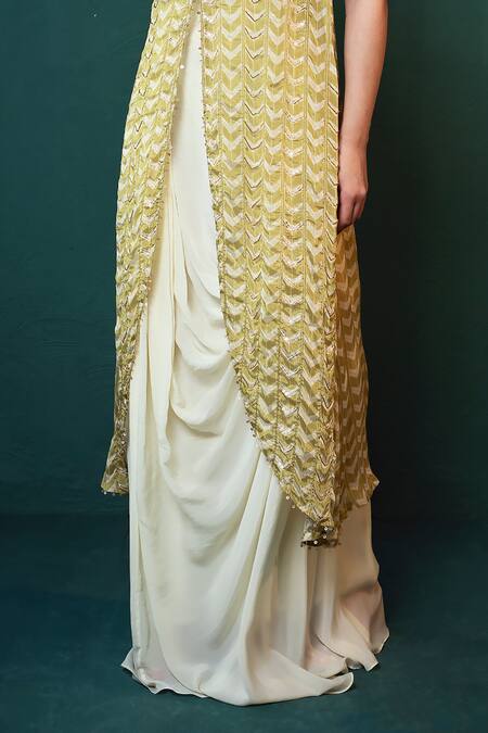 Suave_Green Chiffon, Crepe Sequins, Cut Work Chevron Pattern Tunic With Draped Skirt _Online_at_Aza_Fashions