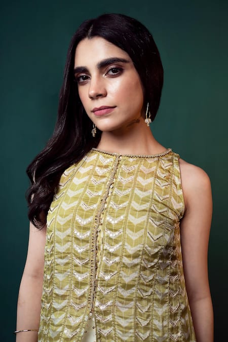 Buy_Suave_Green Chiffon, Crepe Sequins, Cut Work Chevron Pattern Tunic With Draped Skirt _Online_at_Aza_Fashions