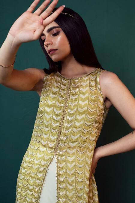 Shop_Suave_Green Chiffon, Crepe Sequins, Cut Work Chevron Pattern Tunic With Draped Skirt _Online_at_Aza_Fashions