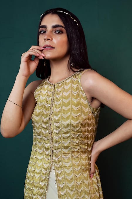 Suave_Green Chiffon, Crepe Sequins, Cut Work Chevron Pattern Tunic With Draped Skirt _at_Aza_Fashions