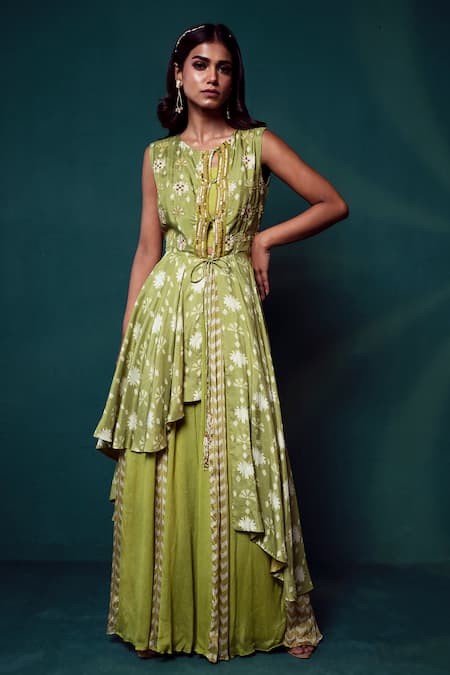 Suave Green Jacket Dola Silk Print Dhoop Blossom Embroidered Gharara Set 