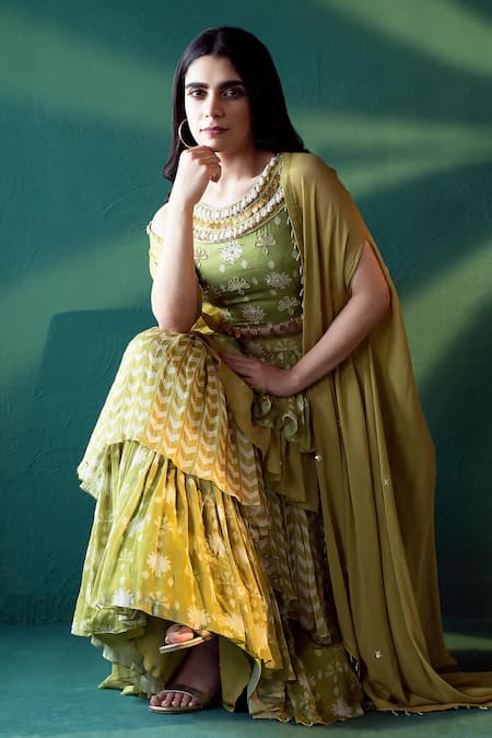 Suave_Green Chiffon Beads, Sequins, Embroidery Dhoop Bloom Print Lehenga Cape Set _Online_at_Aza_Fashions