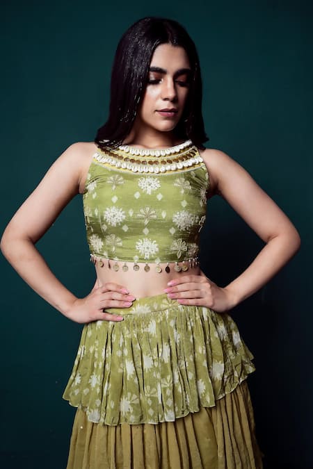 Buy_Suave_Green Chiffon Beads, Sequins, Embroidery Dhoop Bloom Print Lehenga Cape Set _Online_at_Aza_Fashions