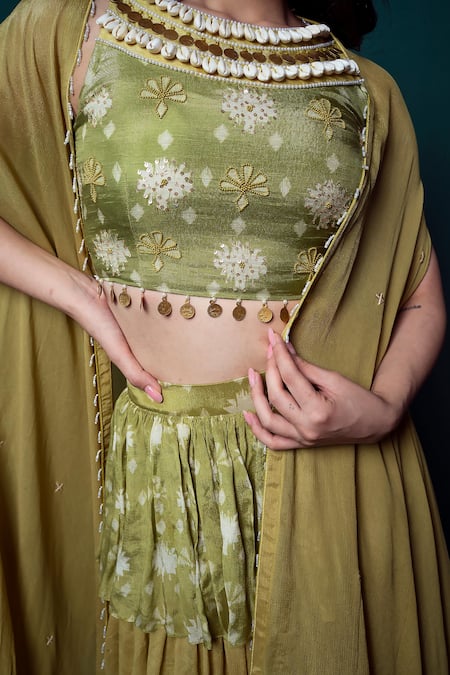 Shop_Suave_Green Chiffon Beads, Sequins, Embroidery Dhoop Bloom Print Lehenga Cape Set _Online_at_Aza_Fashions