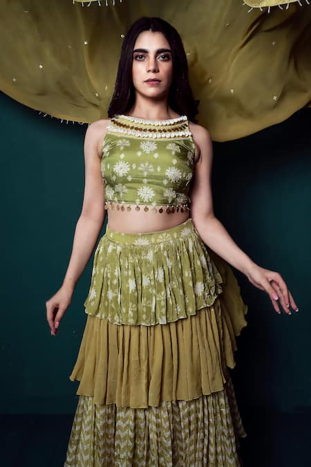 Suave_Green Chiffon Beads, Sequins, Embroidery Dhoop Bloom Print Lehenga Cape Set _at_Aza_Fashions