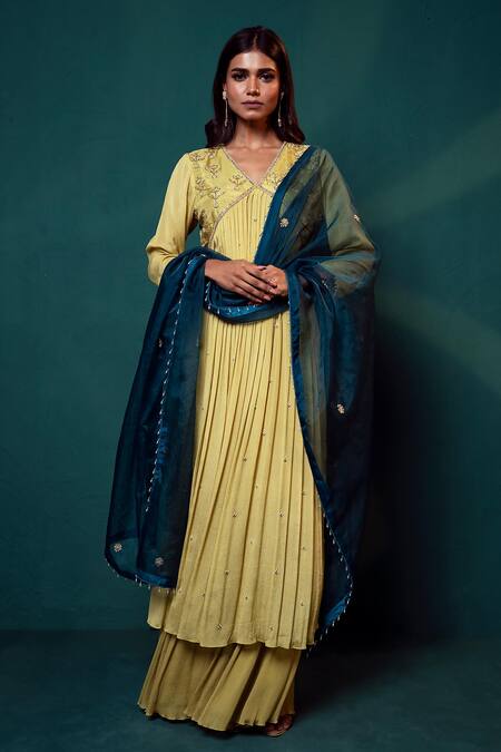 Suave_Green Chiffon, Organza Pearls, Beads, Cut Work Embellished Kurta Sharara Set _Online_at_Aza_Fashions