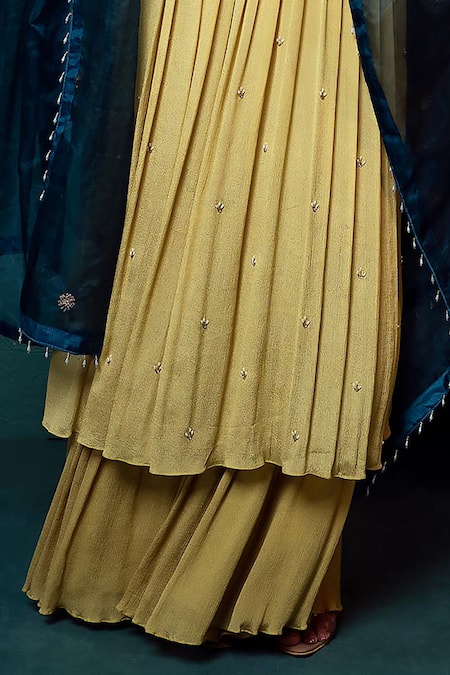 Buy_Suave_Green Chiffon, Organza Pearls, Beads, Cut Work Embellished Kurta Sharara Set _Online_at_Aza_Fashions