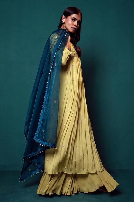Shop_Suave_Green Chiffon, Organza Pearls, Beads, Cut Work Embellished Kurta Sharara Set _Online_at_Aza_Fashions