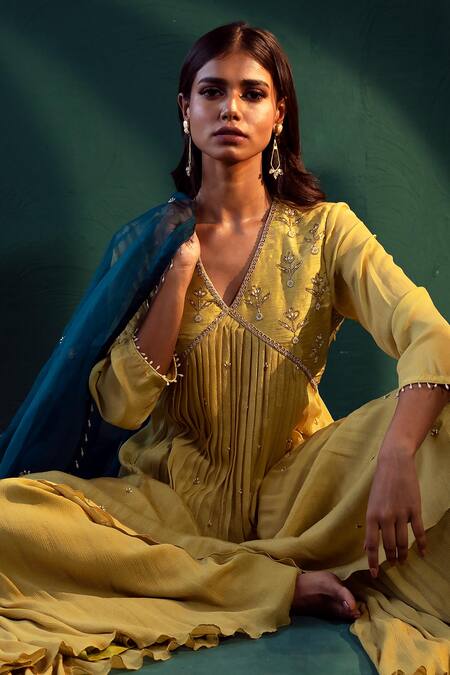 Suave_Green Chiffon, Organza Pearls, Beads, Cut Work Embellished Kurta Sharara Set _at_Aza_Fashions