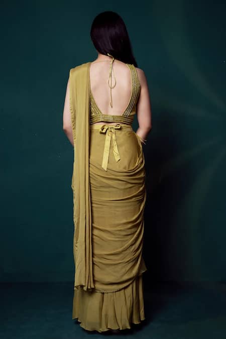 Suave Chiffon Organza Pre-Draped Saree Blouse Set 