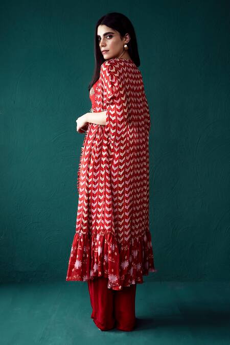 Shop_Suave_Red Silk, Chiffon, Crepe Beads Square Neck Surkh Chevron Print Cape Pant Set _at_Aza_Fashions