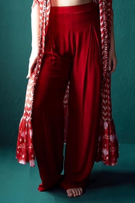Suave_Red Silk, Chiffon, Crepe Beads Square Neck Surkh Chevron Print Cape Pant Set _Online_at_Aza_Fashions