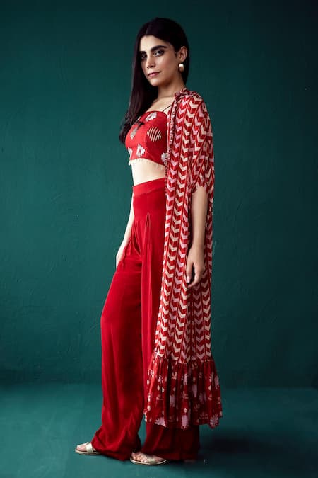 Buy_Suave_Red Silk, Chiffon, Crepe Beads Square Neck Surkh Chevron Print Cape Pant Set _Online_at_Aza_Fashions