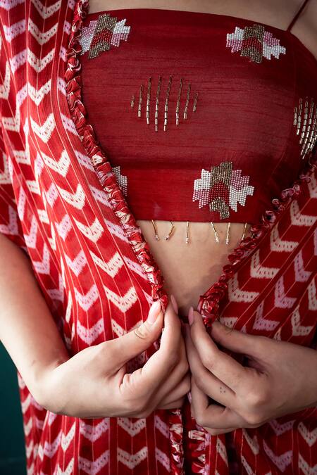 Shop_Suave_Red Silk, Chiffon, Crepe Beads Square Neck Surkh Chevron Print Cape Pant Set _Online_at_Aza_Fashions
