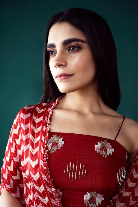 Suave_Red Silk, Chiffon, Crepe Beads Square Neck Surkh Chevron Print Cape Pant Set _at_Aza_Fashions