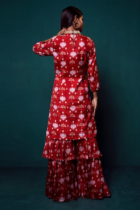 Suave Surkh Blossom Print Kurta Sharara Set 