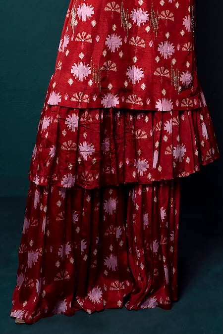 Suave_Red Chiffon Sequins High Neck Surkh Blossom Print Kurta Sharara Set _Online_at_Aza_Fashions