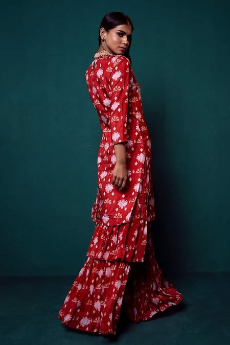 Buy_Suave_Red Chiffon Sequins High Neck Surkh Blossom Print Kurta Sharara Set _Online_at_Aza_Fashions