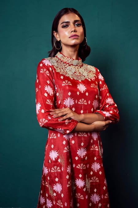Shop_Suave_Red Chiffon Sequins High Neck Surkh Blossom Print Kurta Sharara Set _Online_at_Aza_Fashions
