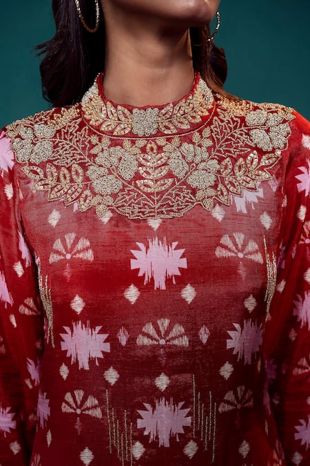 Suave_Red Chiffon Sequins High Neck Surkh Blossom Print Kurta Sharara Set _at_Aza_Fashions
