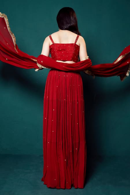 Shop_Suave_Red Denim, Chiffon Sequins, Beads Square Neck Blouse Lehenga Set _at_Aza_Fashions