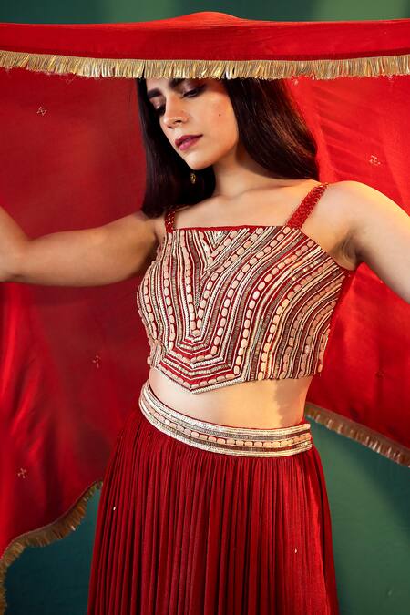 Buy_Suave_Red Denim, Chiffon Sequins, Beads Square Neck Blouse Lehenga Set _Online_at_Aza_Fashions