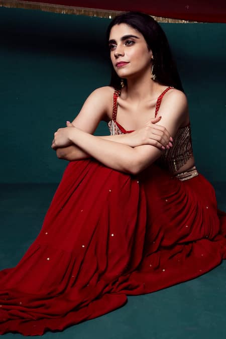 Suave_Red Denim, Chiffon Sequins, Beads Square Neck Blouse Lehenga Set _at_Aza_Fashions