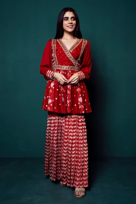 Suave Red Kurta Dola Silk Embroidery Dori V Surkh Sequin Work Peplum With Sharara 