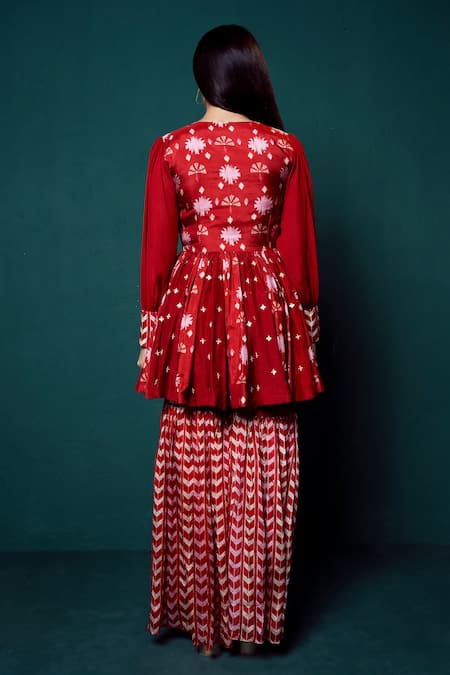 Suave Surkh Sequin Work Peplum Kurta With Sharara 