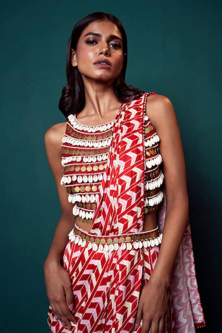 Suave_Red Silk, Maheshwari Pearls, Chevron Print Pre-draped Saree With Blouse _Online_at_Aza_Fashions