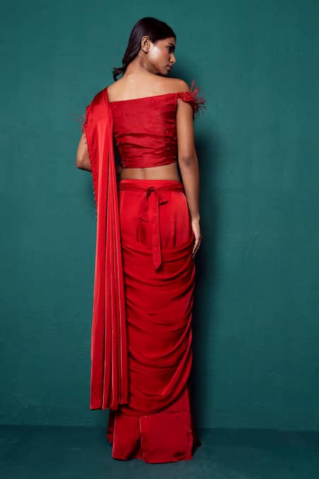 Shop_Suave_Red Satin, Silk Beads, Embroidery, Feathers Surkh Pre-draped Saree Blouse Set _at_Aza_Fashions