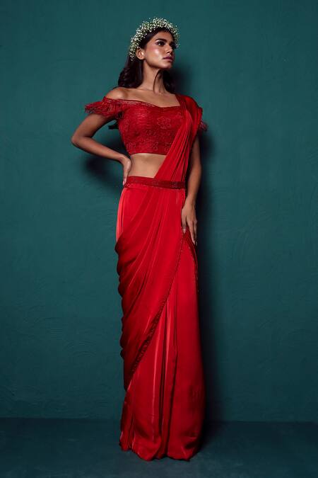 Suave_Red Satin, Silk Beads, Embroidery, Feathers Surkh Pre-draped Saree Blouse Set _Online_at_Aza_Fashions