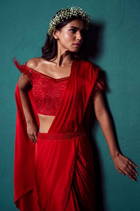 Buy_Suave_Red Satin, Silk Beads, Embroidery, Feathers Surkh Pre-draped Saree Blouse Set _Online_at_Aza_Fashions