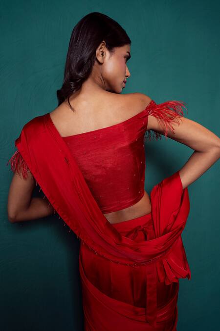 Suave_Red Satin, Silk Beads, Embroidery, Feathers Surkh Pre-draped Saree Blouse Set _at_Aza_Fashions