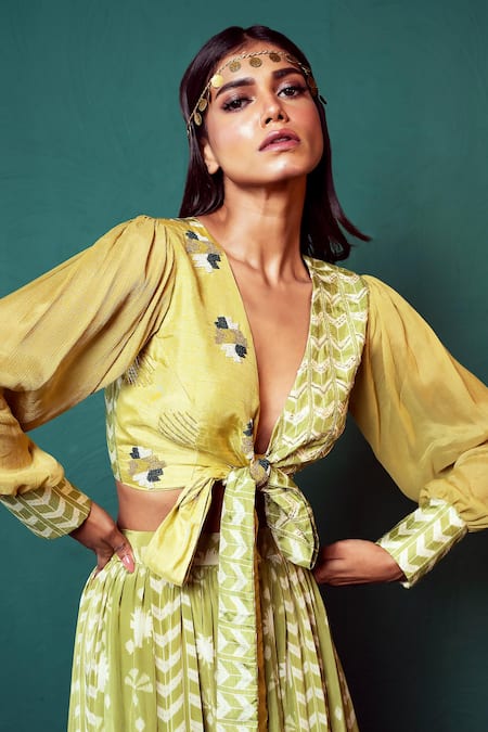 Suave Green Crepe Embroidery V-neck Floral Pattern Panelled Skirt With Wrap Top Online at Aza Fashions Suave_Green Crepe Embroidery V-neck Floral Pattern Panelled Skirt With Wrap Top _Online_at_Aza_Fashions