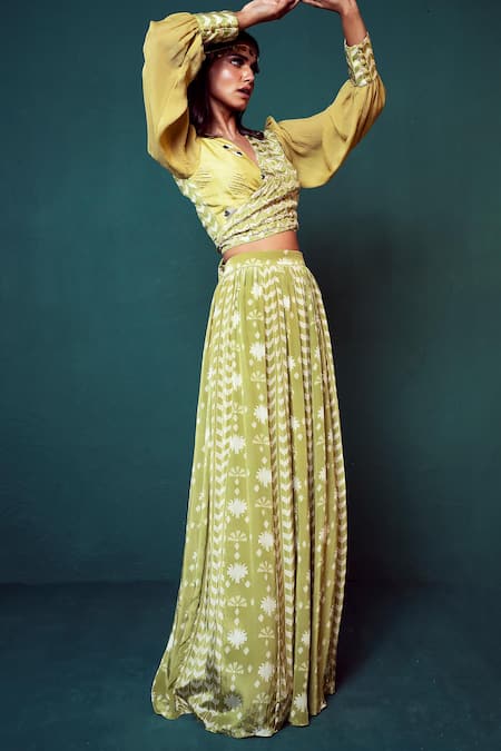 Buy Suave Green Crepe Embroidery V-neck Floral Pattern Panelled Skirt With Wrap Top Online at Aza Fashions Buy_Suave_Green Crepe Embroidery V-neck Floral Pattern Panelled Skirt With Wrap Top _Online_at_Aza_Fashions