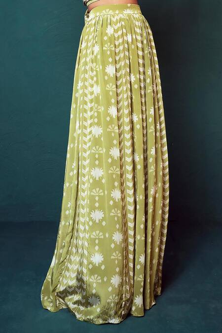 Shop Suave Green Crepe Embroidery V-neck Floral Pattern Panelled Skirt With Wrap Top Online at Aza Fashions Shop_Suave_Green Crepe Embroidery V-neck Floral Pattern Panelled Skirt With Wrap Top _Online_at_Aza_Fashions